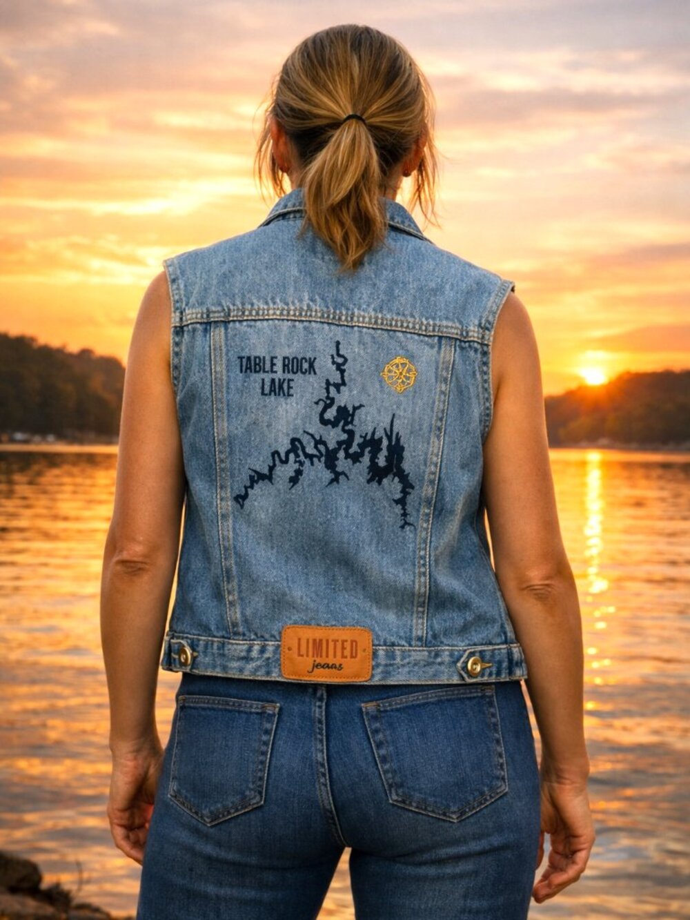 Table Rock Lake Upcycled Denim Vest, Painted Sleeveless Jacket Junior Size 14